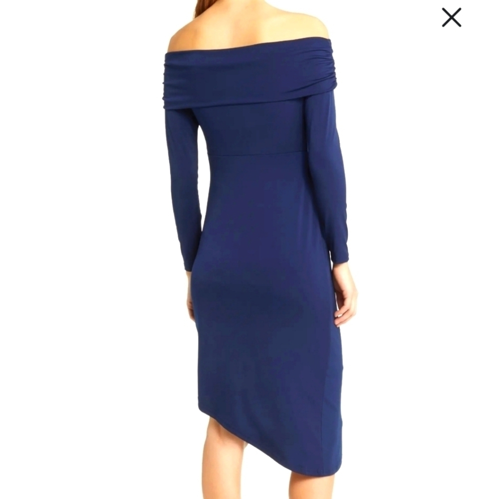 Sam Edelman Off the Shoulder Long Sleeve Midi Body-Con Dress Women's Size 6 Navy - Picture 12 of 13